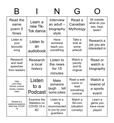 English Bingo Card