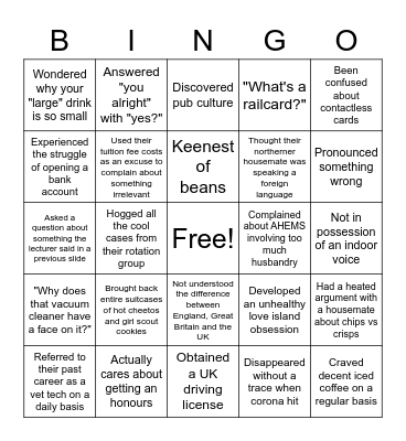 US Student Bingo Card