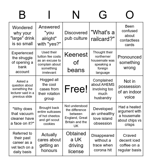 US Student Bingo Card