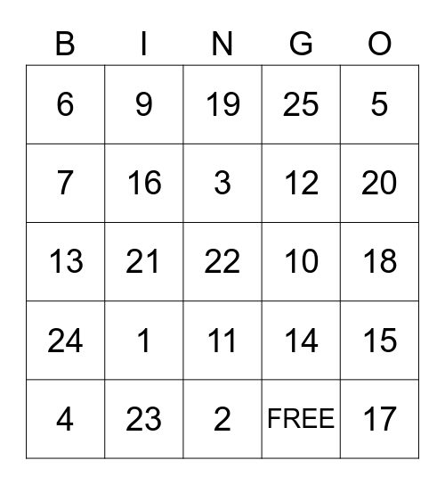Kindergarten Math (Numbers 1 - 25) Bingo Card