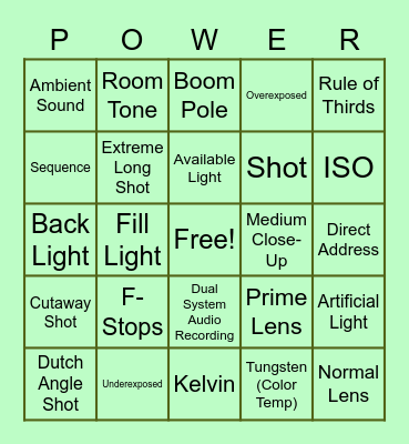 Cinematography Bingo Card