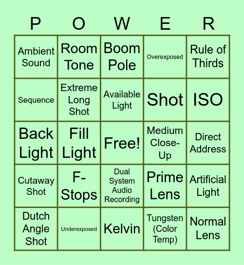 Cinematography Bingo Card