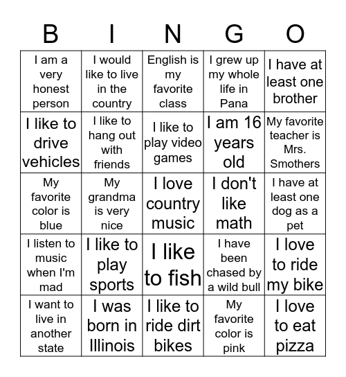 Know Your Classmates Bingo Card