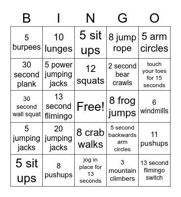 Fitness Bingo Card