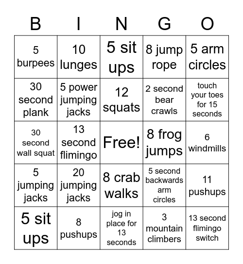 Fitness Bingo Card