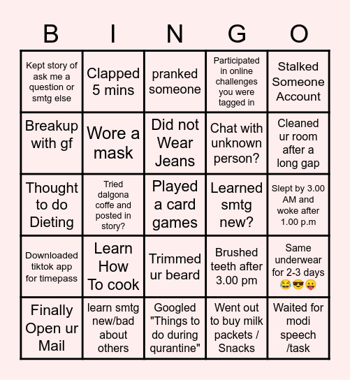 Quarantine bingo Card