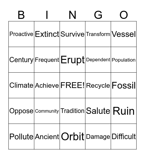 Our Vocabulary Words Bingo Card