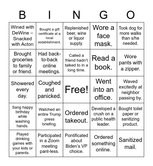 Friday Night Zoom Bingo Card