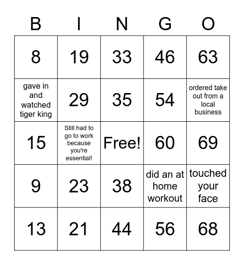 Survivedk because you're essential! Did a video chat with friends/family googled covid 19 symptoms defied the quarantine and visited friends gave in and watched tiger king started a new hobby baked/cooked a new rec Bingo Card