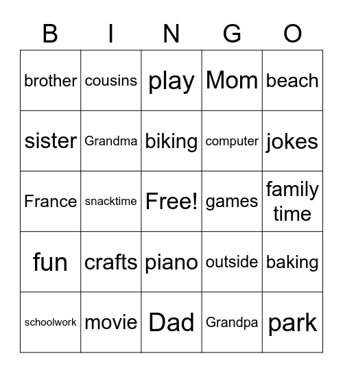 Stay at home Bingo Card