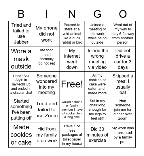 WFH Bingo Card