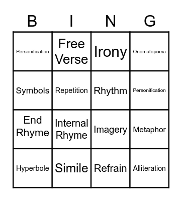 Poetry Bingo / Song Lyrics Bingo Card