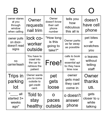 Covid-19 Veterinary Curbside Bingo Card