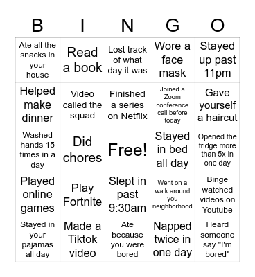 Quarantine Bingo Card