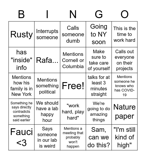 Lab Meeting Bingo Card