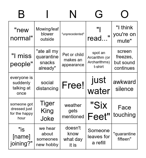 Social Distancing Happy Hour Bingo Card