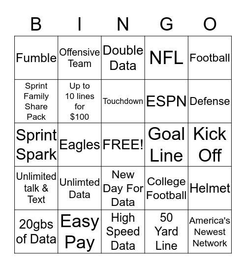 Sprint's Game Day Bingo Card