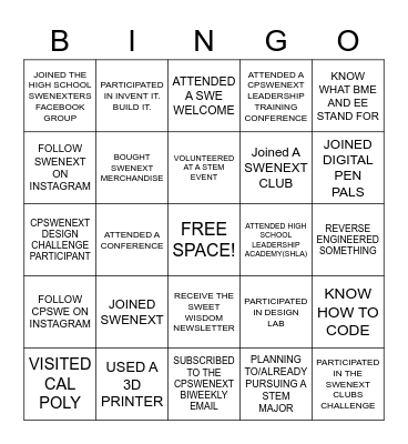 CPSWENext Bingo Card