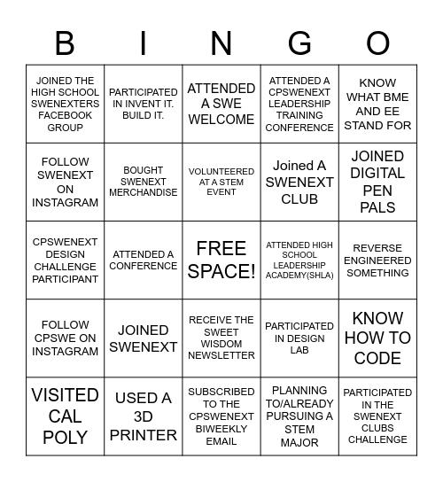 CPSWENext Bingo Card
