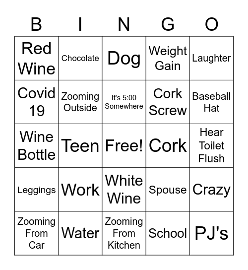 Wine Zoom Party Bingo Card