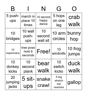 Gross Motor BINGO! Bingo Card