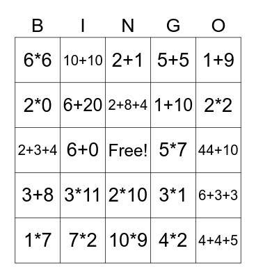 Multiplication & Addition Bingo Card