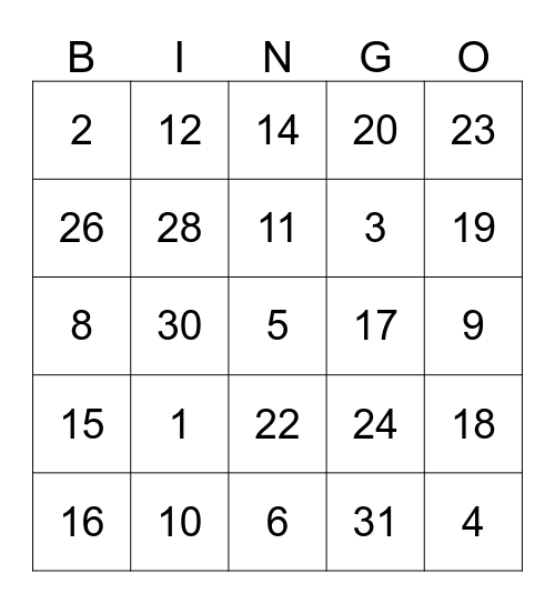 Números 0-31 Bingo Card