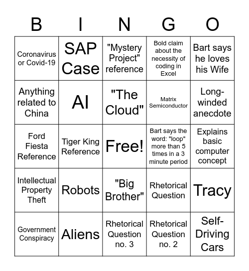 Bart Zoom Bingo Card