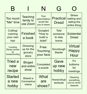 Quarantine Bingo Card