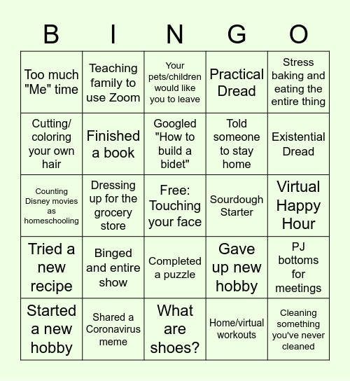 Quarantine Bingo Card
