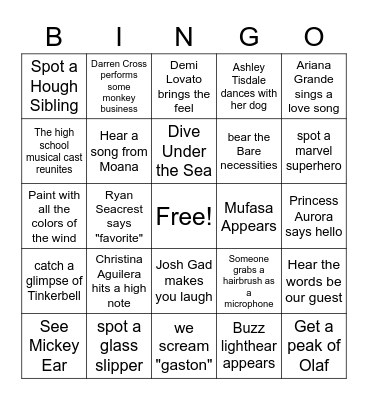 DISNEY Singalong BINGO Card