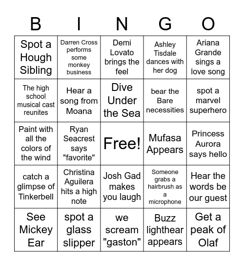 DISNEY Singalong BINGO Card