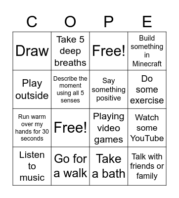 Coping Skills Bingo Card