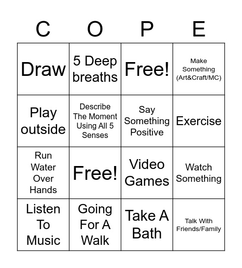 Coping Bingo Card
