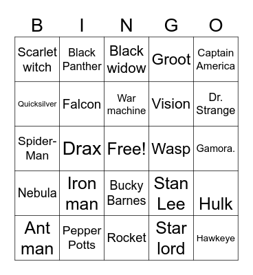 Favorite marvel characters bingo Card