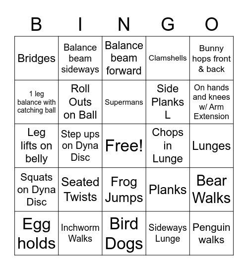 Kiddo PT Workout Bingo Card
