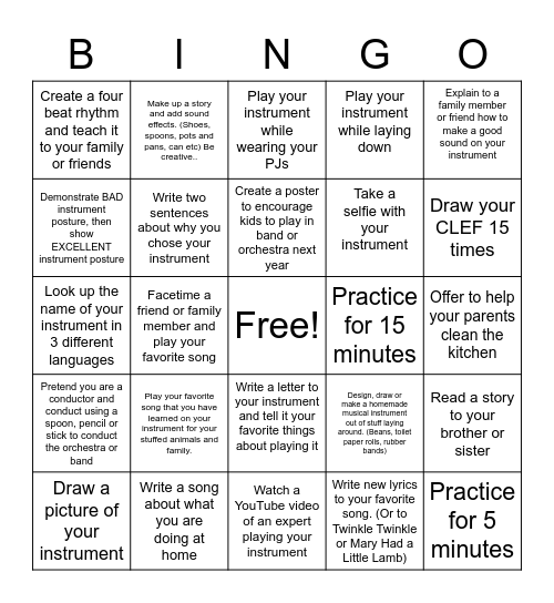 Band and Orchestra Bingo Card