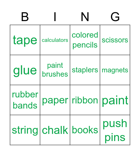 School Supplies Bingo Card