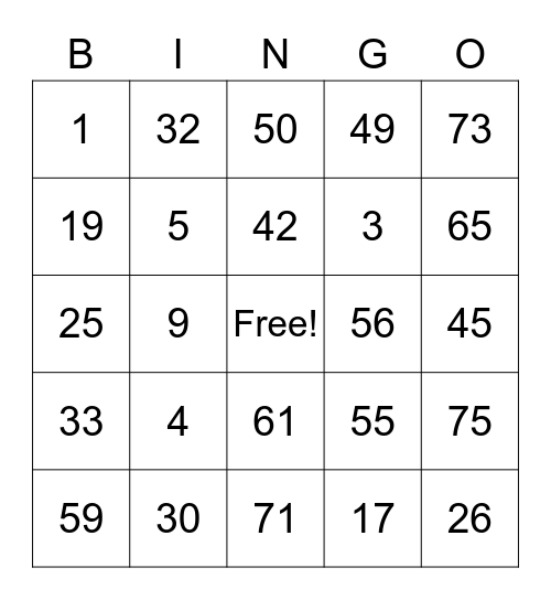 Number Bingo 1-75 Bingo Card