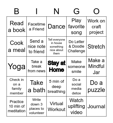 VRVR Self Care Bingo Card