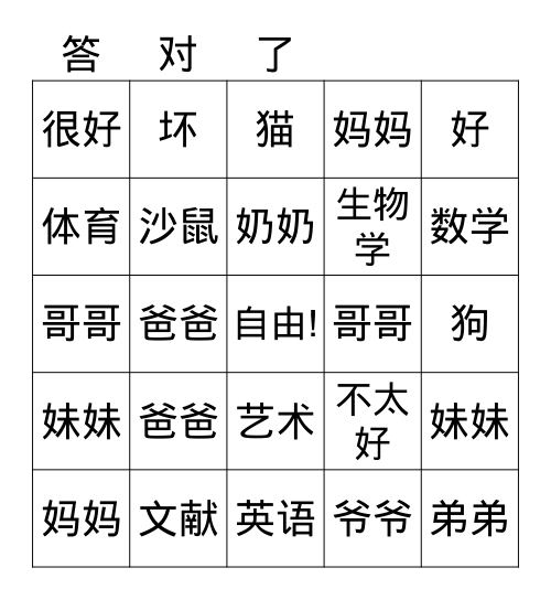 中国宾果游戏 Bingo Card