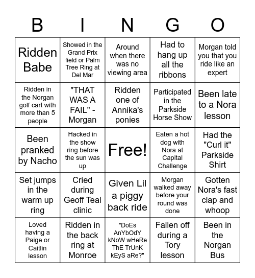 Parkside Stables Bingo Card