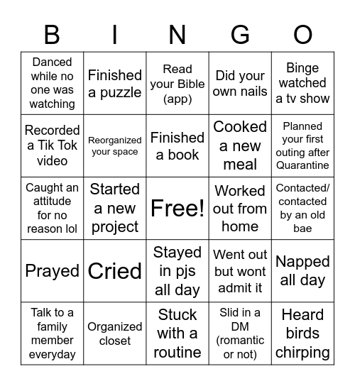 Quarantine Bingo Card