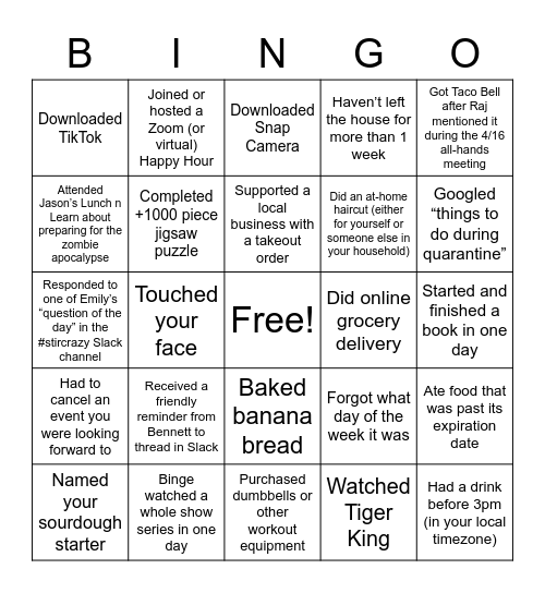 Signifyd Quarantine Bingo Card