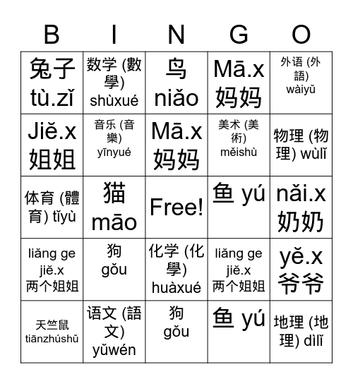 mandarin conversation bingo Card