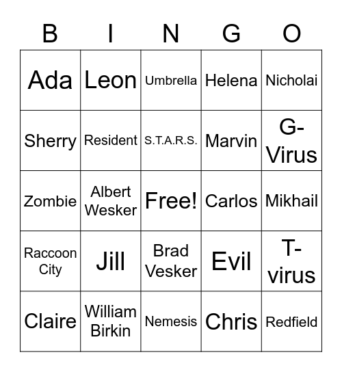 Resident Evil Bingo Card