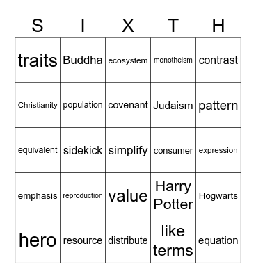 6th Grade SISTA BINGO Card