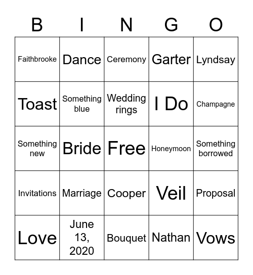 Bridal Shower Bingo Card