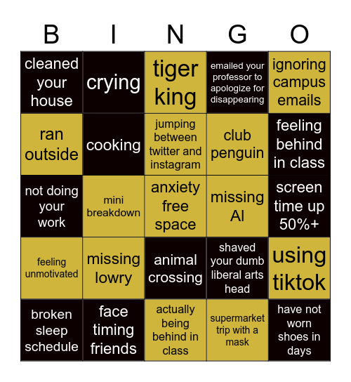 Wooster Quarantine Bingo Card