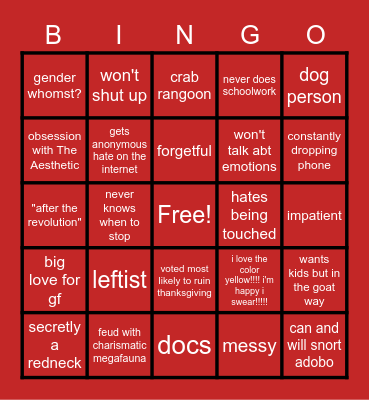 Jasper as a human being bingo Card